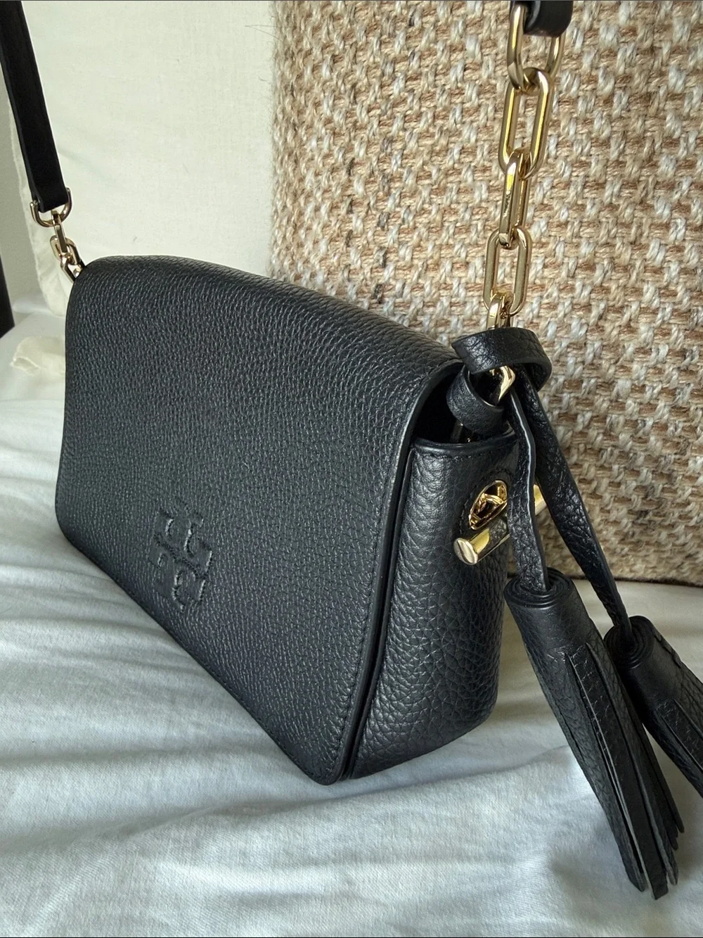 Tory Burch Black Pebbled Leather Crossbody with Tassel Charm